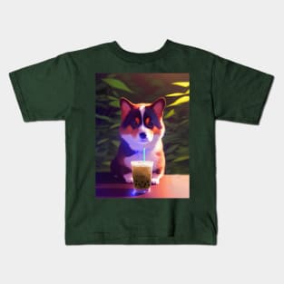 Corgi with boba bubble tea Kids T-Shirt